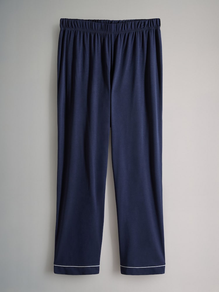 The Set Navy/Grey Marl 2 Pack Viscose Blend Button Through Long Pyjamas with Piping - Image 5 of 7