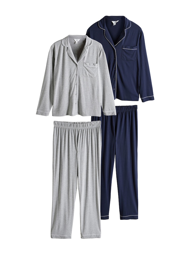 The Set 2 Pack Viscose Blend Button Through Long Pyjamas with Piping - صورة 8 من 8 The Set 2 Pack Viscose Blend Button Through Long Pyjamas with Piping - صورة 8 من 8