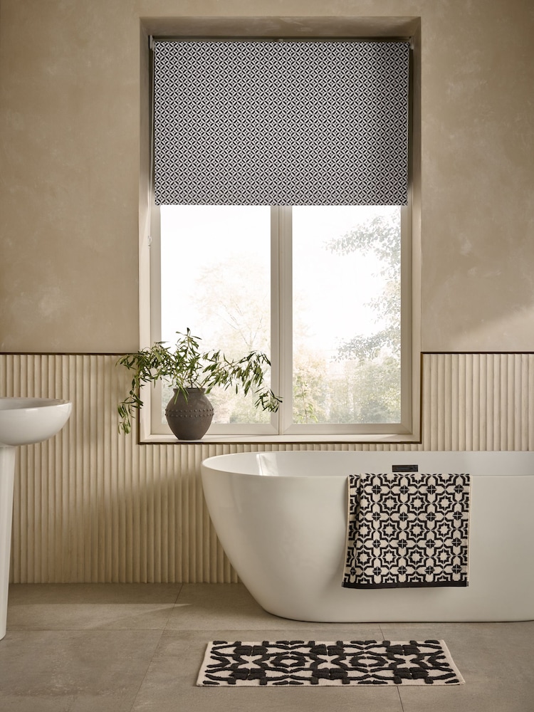 Black/White Ready Made Bathroom Blackout Tile Geo Print Roller Blind - Image 1 of 4
