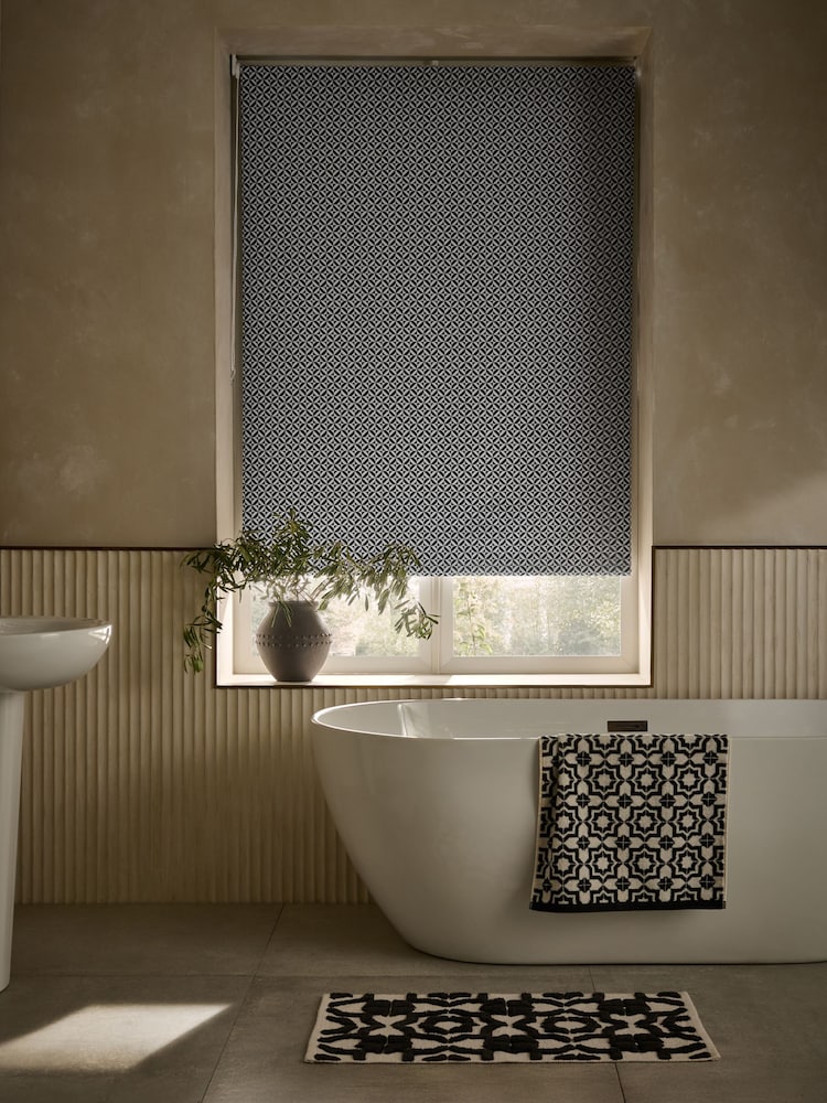Black/White Ready Made Bathroom Blackout Tile Geo Print Roller Blind - Image 2 of 4