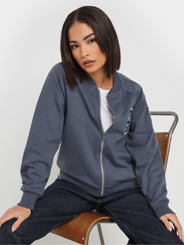 PixieGirl Petite Blue Embroidered Sweat Bomber Jacket - Image 2 of 6 PixieGirl Petite Blue Embroidered Sweat Bomber Jacket - Image 2 of 6