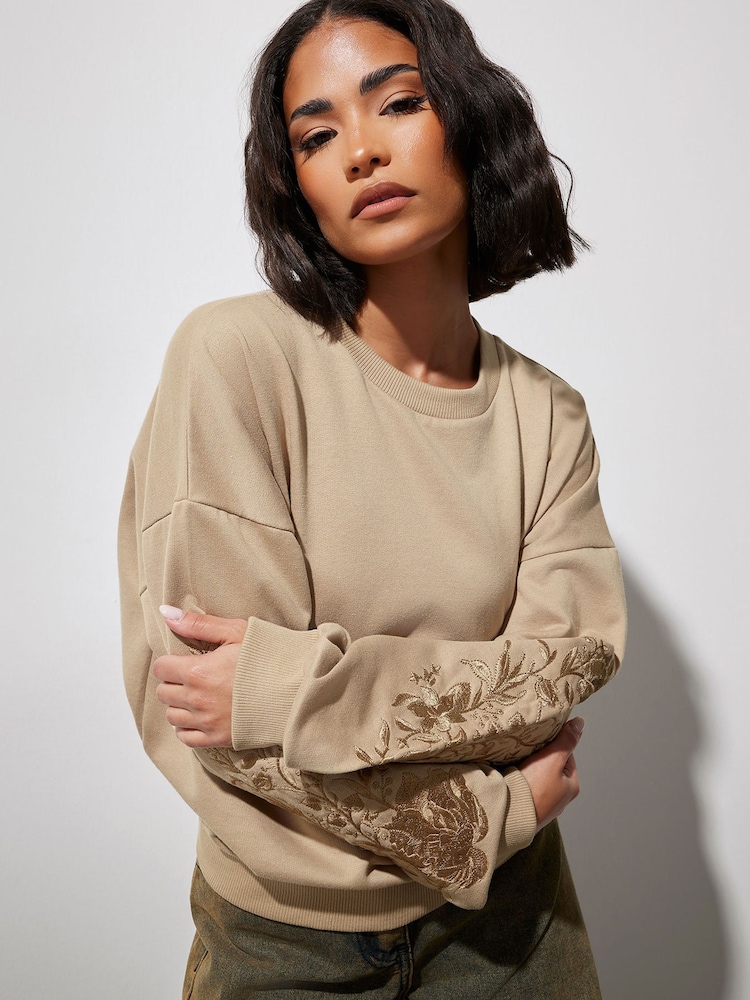PixieGirl Petite Natural Embellished Sleeve Sweatshirt - Image 1 of 6