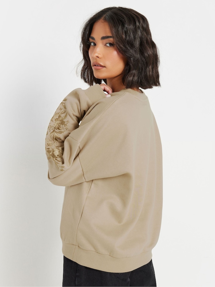 PixieGirl Petite Natural Embellished Sleeve Sweatshirt - Image 3 of 6