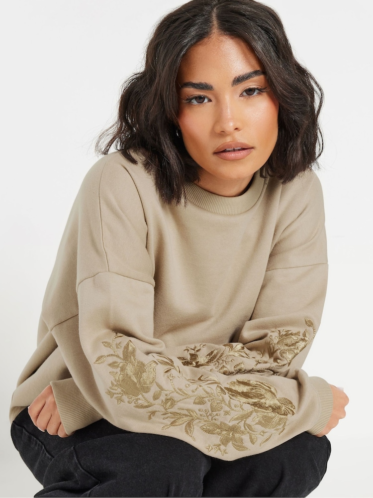 PixieGirl Petite Natural Embellished Sleeve Sweatshirt - Image 5 of 6