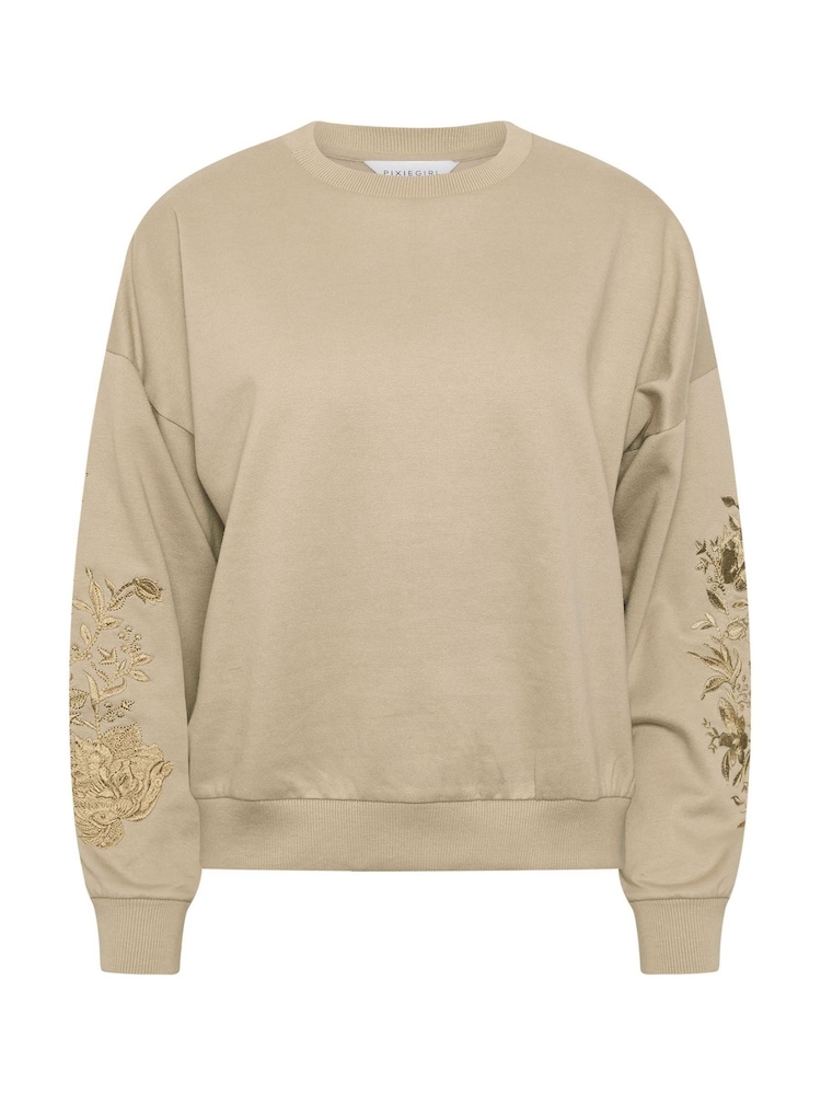 PixieGirl Petite Natural Embellished Sleeve Sweatshirt - Image 6 of 6