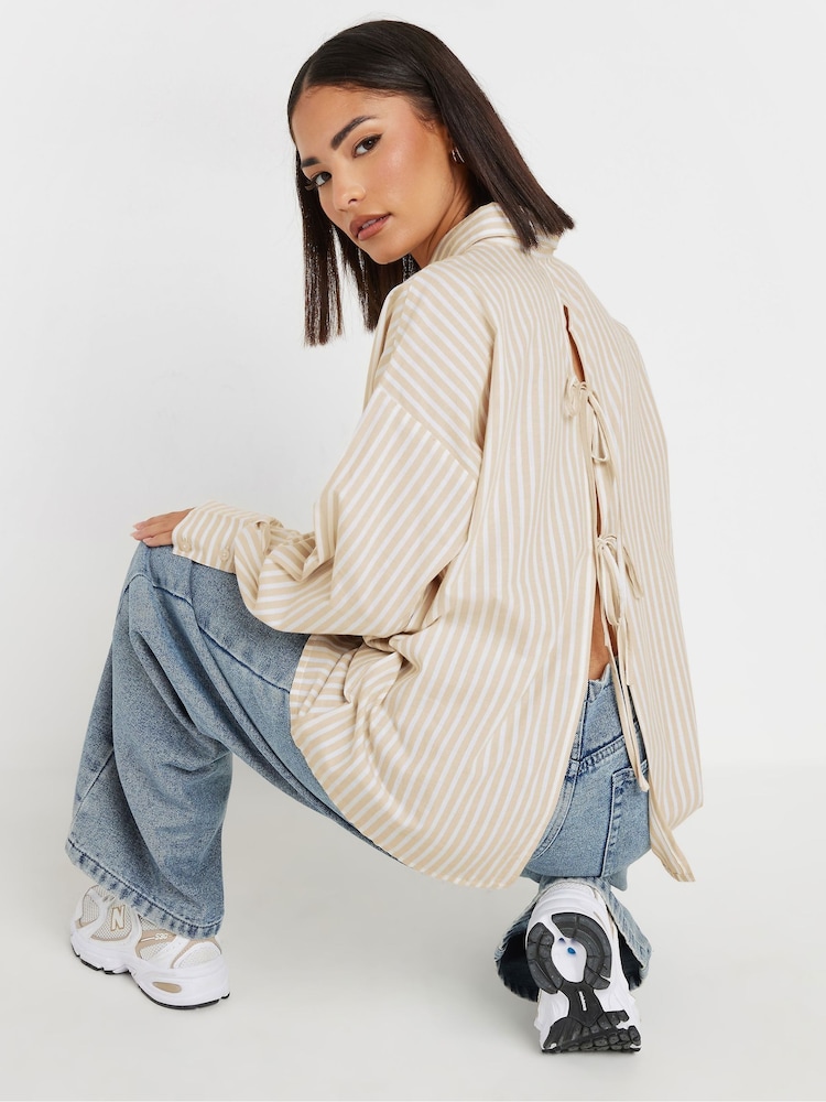 PixieGirl Petite Natural Satin Stripe Tie Back Long Sleeve 100% Cotton Shirt - Image 4 of 6