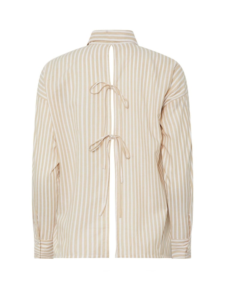PixieGirl Petite Natural Satin Stripe Tie Back Long Sleeve 100% Cotton Shirt - Image 6 of 6