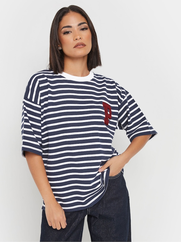 PixieGirl Petite White/Blue Stipe Appliqué Short Sleeve Sweat Top - Image 1 of 5