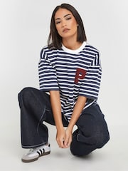 PixieGirl Petite White/Blue Stipe Appliqué Short Sleeve Sweat Top - Image 4 of 5