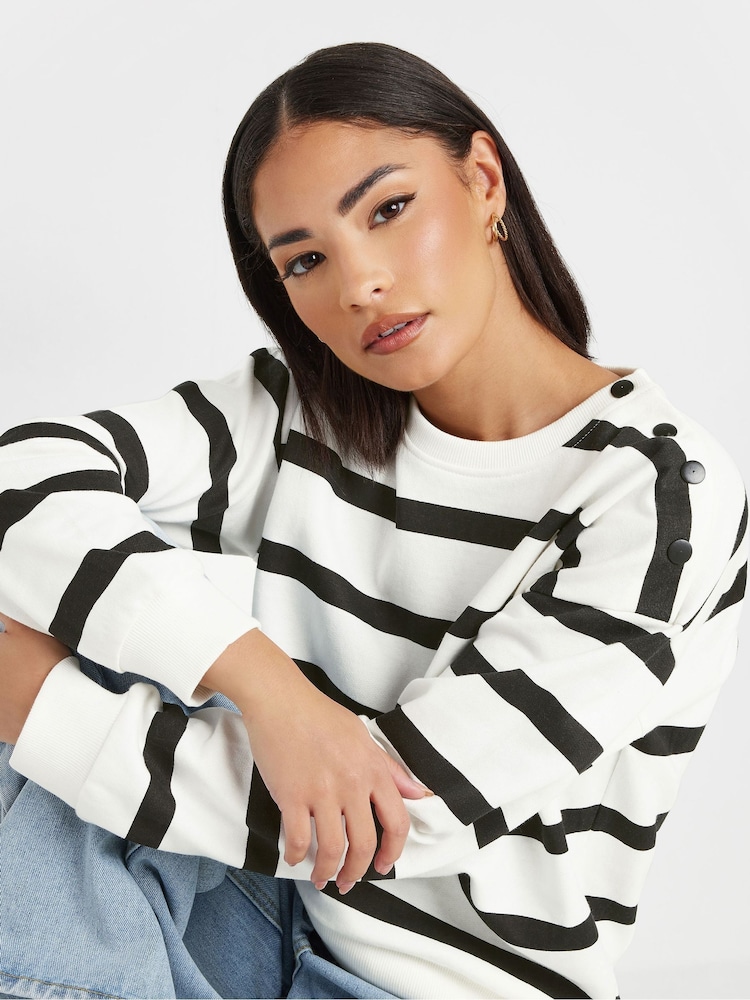 PixieGirl Petite Black Mono Button Stripe Sweatshirt - Image 4 of 4