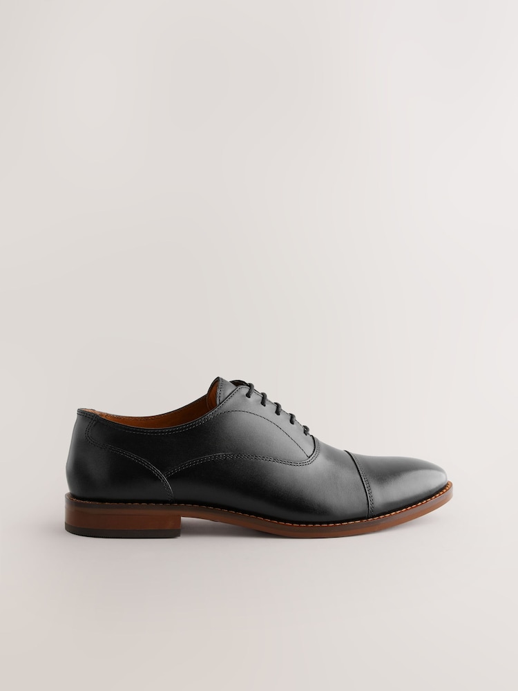Black Contrast Sole Leather Oxford Toecap Shoes - Image 2 of 6
