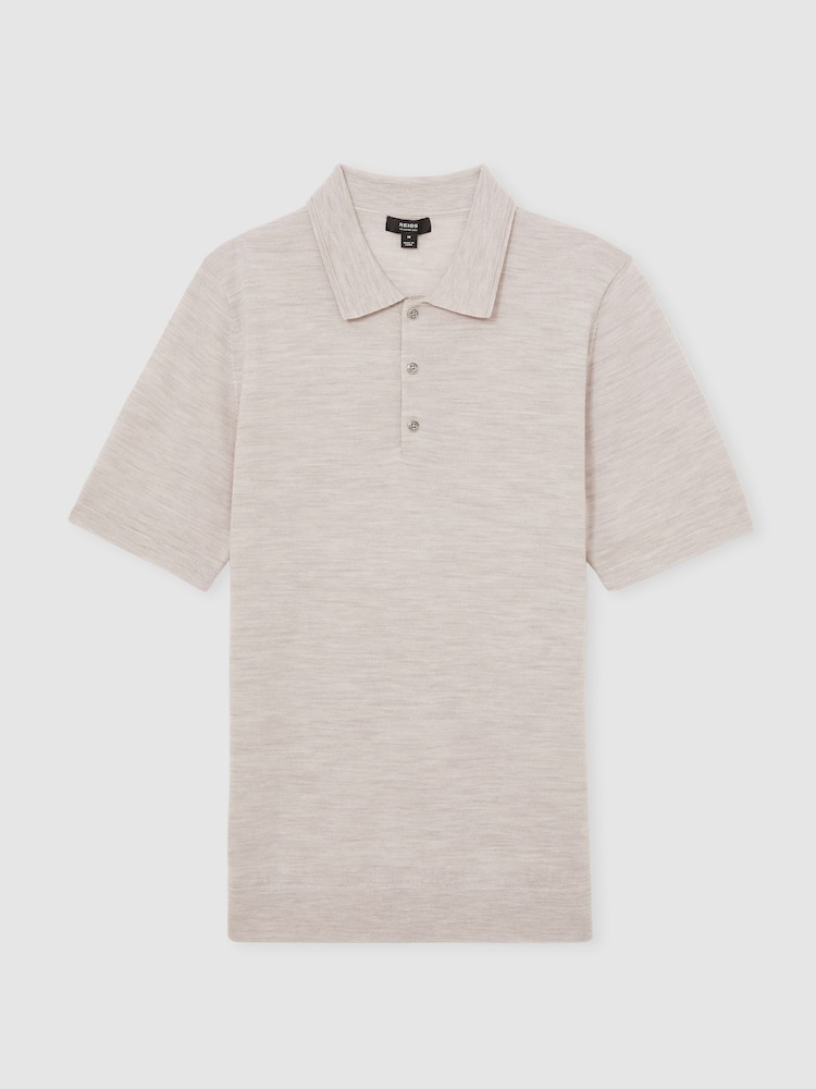Wicker Brown Melange - Reiss Manor Merino Wool Short Sleeve Polo Shirt - Image 2 of 5