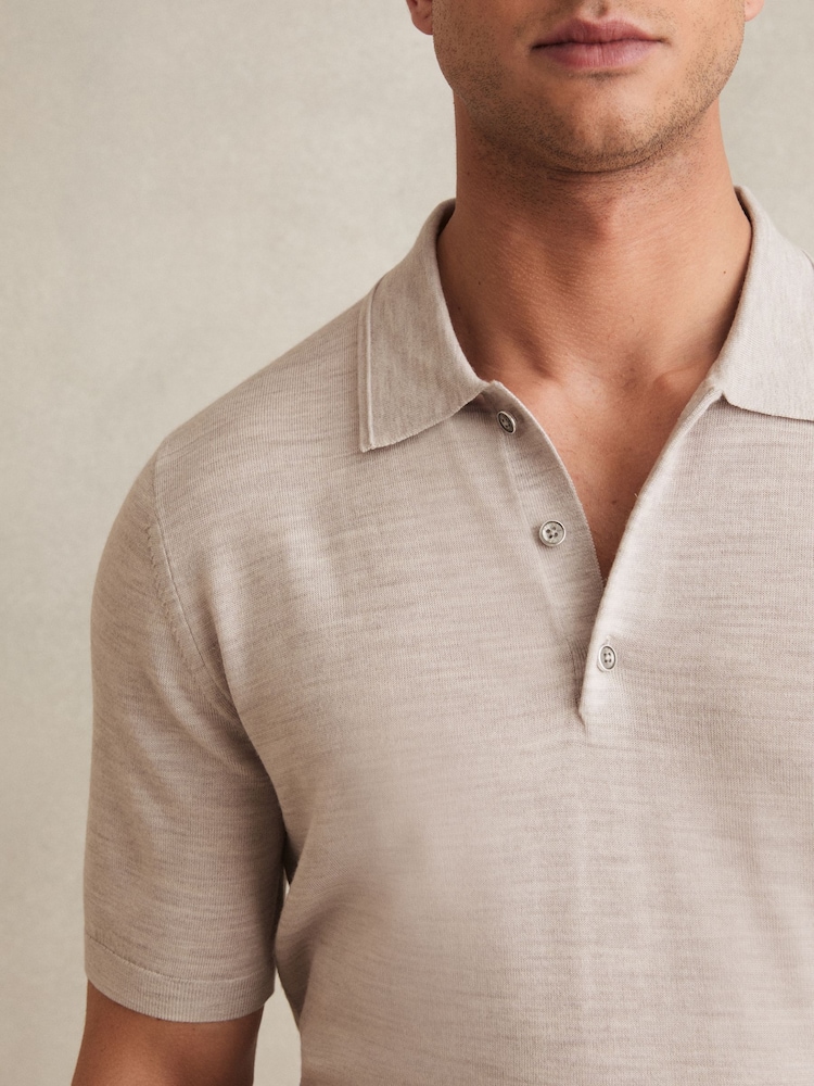 Reiss Wicker Brown Melange Manor Merino Wool Short-Sleeve Polo Shirt - Image 3 of 5