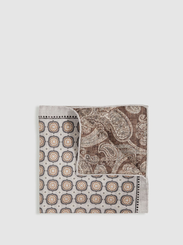 Reiss Grey/Tobacco Brown Volpe Silk Medallion Reversible Pocket Square - Image 1 of 5