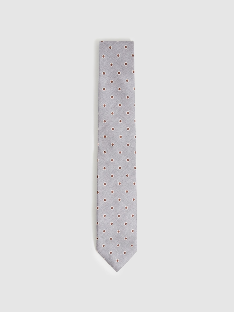 Reiss Soft Grey Graziano Silk Polka Dot Print Tie - Image 1 of 4