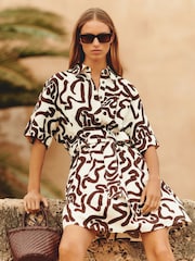 Reiss Brown/Ivory Camelia Linen Blend Printed Shirt Dress - Image 1 of 7