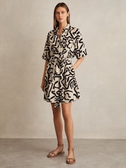 Reiss Brown/Ivory Camelia Linen Blend Printed Shirt Dress - Image 3 of 7