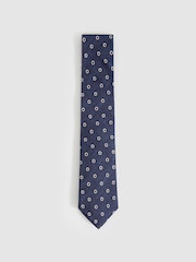 Reiss Navy Graziano Silk Polka Dot Print Tie - Image 1 of 5