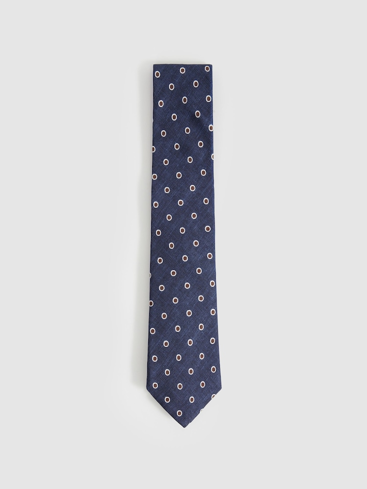 Reiss Navy Graziano Silk Polka Dot Print Tie - Image 1 of 5