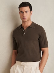 Коричнево-шоколадный - Reiss Manor Merino Wool Short Sleeve Polo Shirt - Изображение 1 из 6