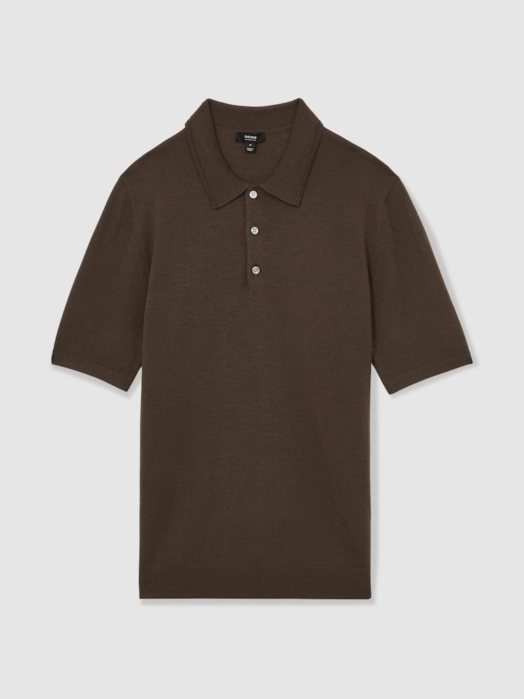 Коричнево-шоколадный - Reiss Manor Merino Wool Short Sleeve Polo Shirt - Изображение 2 из 6