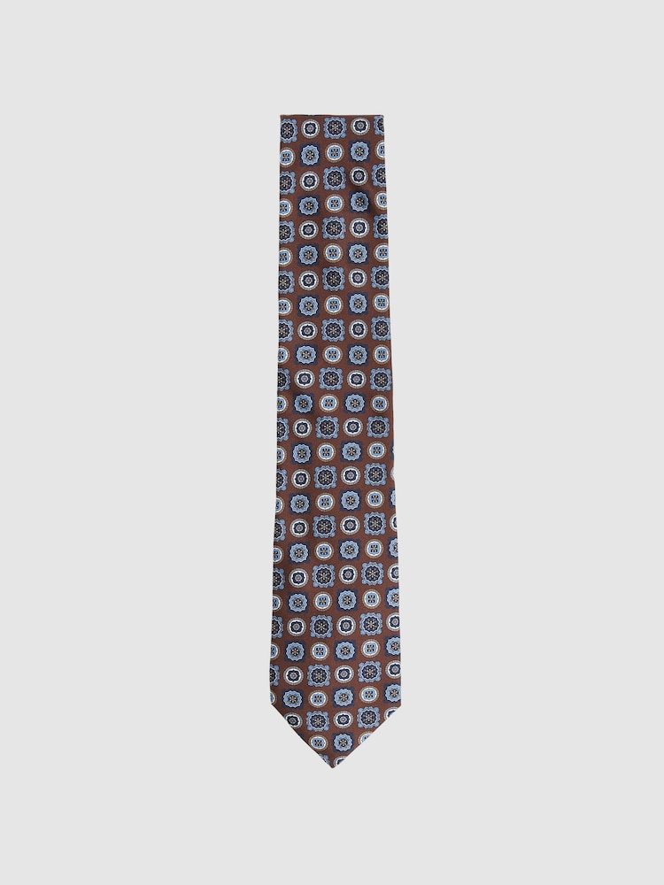 Reiss Chocolate Brown Primo Silk Foulard Medallion Print Tie - Image 1 of 5