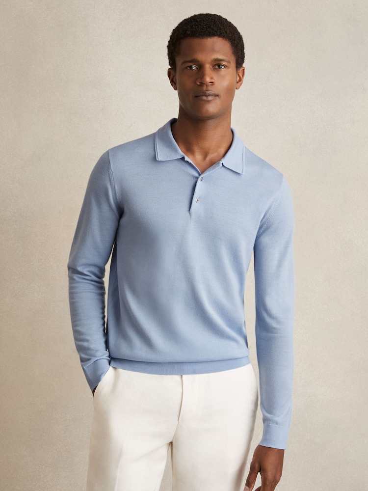 Reiss Soft Blue Trafford Merino Wool Long Sleeve Polo Shirt - Image 1 of 7