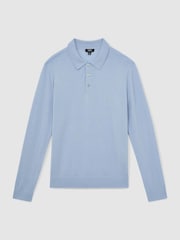 Reiss Soft Blue Trafford Merino Wool Long Sleeve Polo Shirt - Image 2 of 7