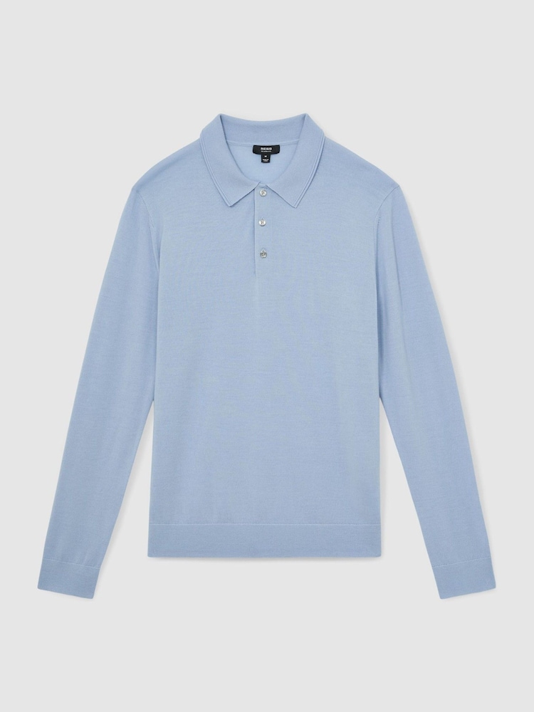 Reiss Soft Blue Trafford Merino Wool Long Sleeve Polo Shirt - Image 2 of 7