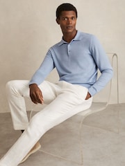 Reiss Soft Blue Trafford Merino Wool Long Sleeve Polo Shirt - Image 3 of 7