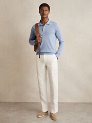 Reiss Soft Blue Trafford Merino Wool Long Sleeve Polo Shirt - Image 4 of 7