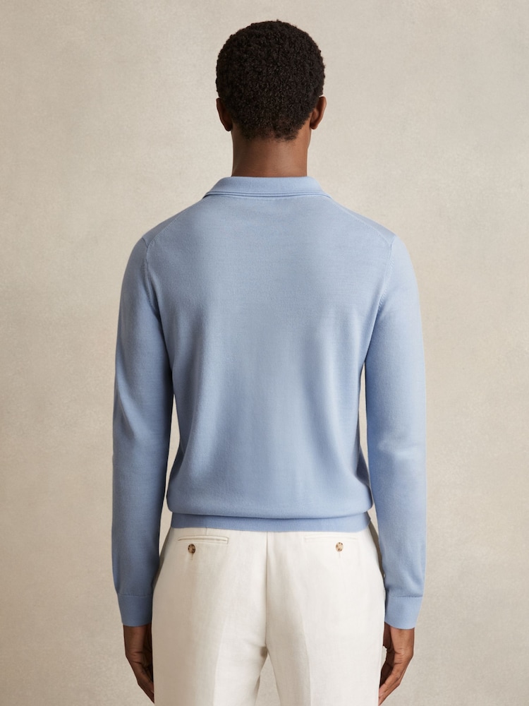 Reiss Soft Blue Trafford Merino Wool Long-Sleeve Polo Shirt - Image 6 of 7