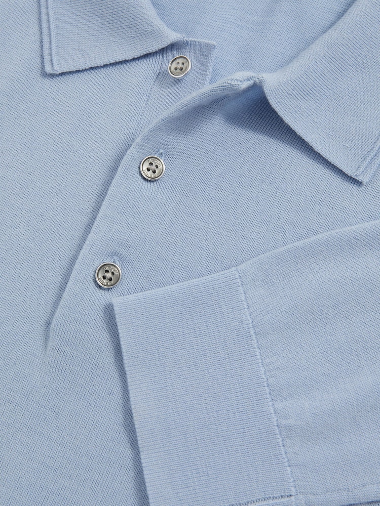 Reiss Soft Blue Trafford Merino Wool Long Sleeve Polo Shirt - Image 7 of 7