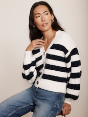 Mint Velvet White Stripe V-Neck Cardigan - Image 2 of 8