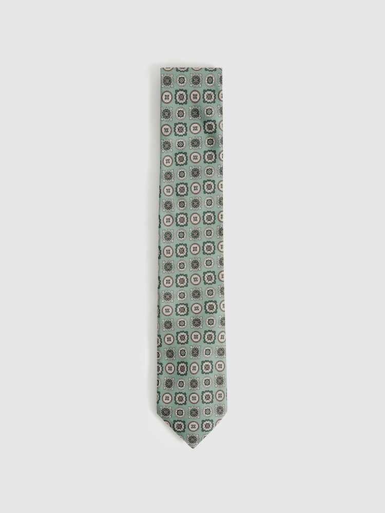 Reiss Soft Sage Primo Silk Foulard Medallion Print Tie - Image 1 of 5