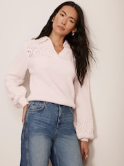 Mint Velvet Pink Pointelle Collar Jumper - Image 4 of 9