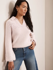 Mint Velvet Pink Pointelle Collar Jumper - Image 5 of 9