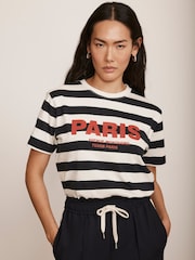 Mint Velvet Blue 100% Cotton Striped Slogan T-Shirt - Image 1 of 8