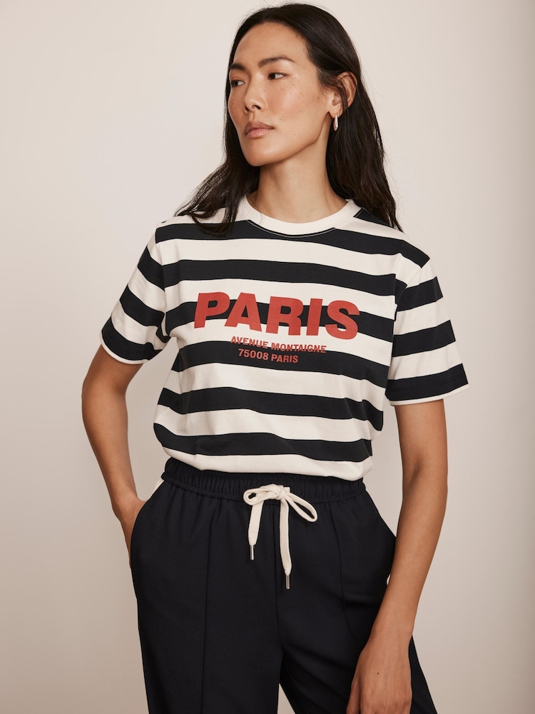 Mint Velvet Blue 100% Cotton Striped Slogan T-Shirt - Image 2 of 8