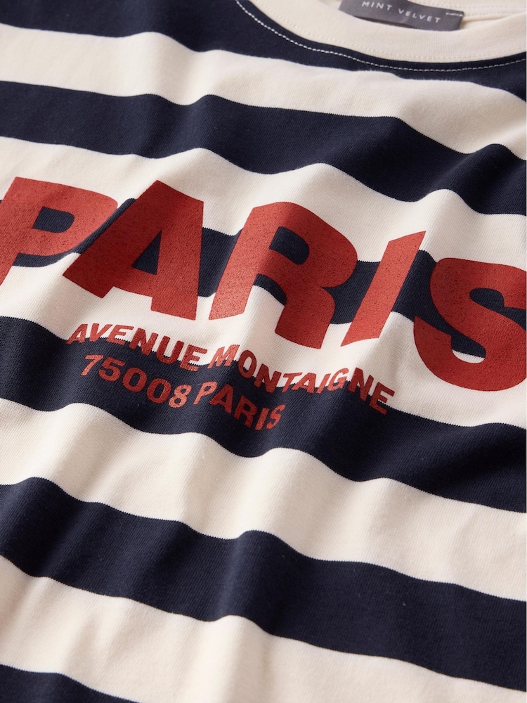 Mint Velvet Blue 100% Cotton Striped Slogan T-Shirt - Image 7 of 8