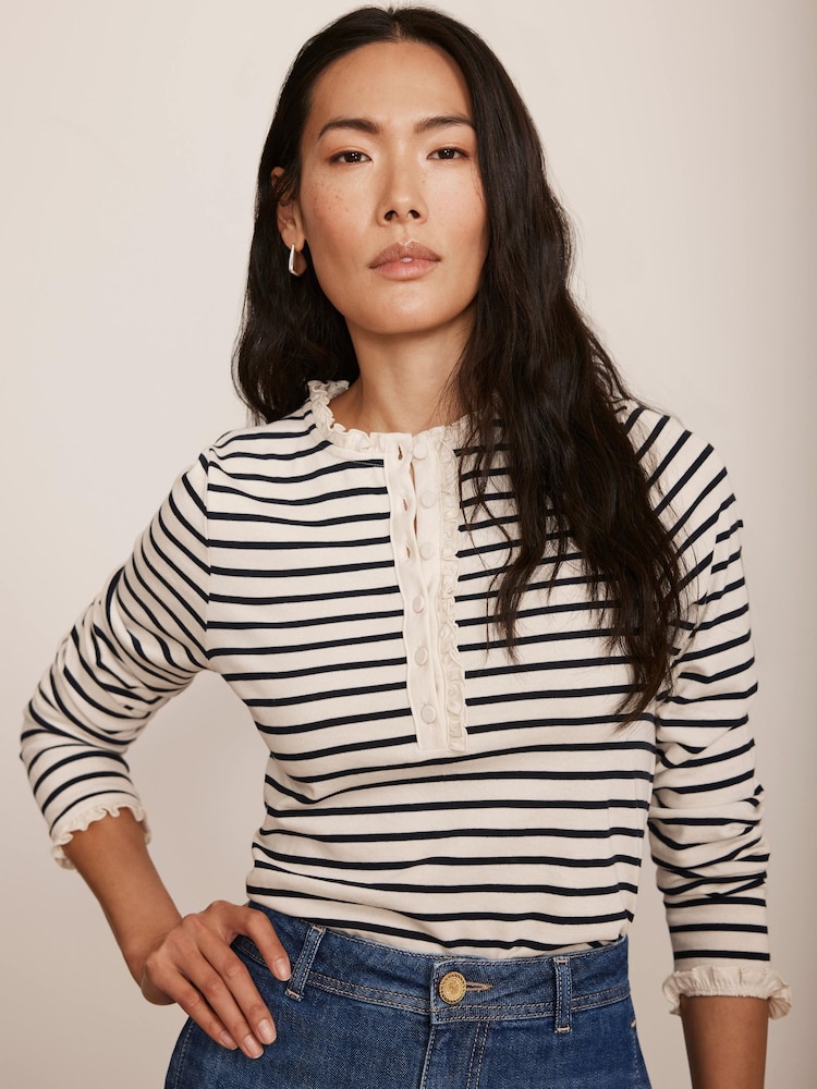 Mint Velvet White 100% Cotton Striped Henley Top - Image 5 of 8