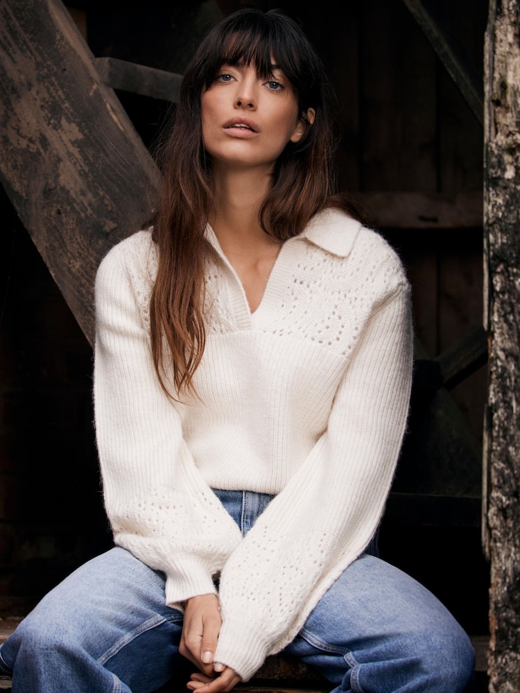 Mint Velvet White Pointelle Collar Jumper - Image 1 of 7 Mint Velvet White Pointelle Collar Jumper - Image 1 of 7
