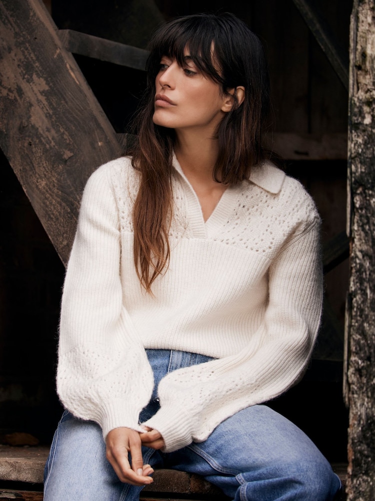 Mint Velvet White Pointelle Collar Jumper - Image 2 of 7