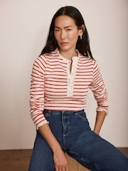Mint Velvet Red 100% Cotton Striped Henley Top - Image 1 of 8