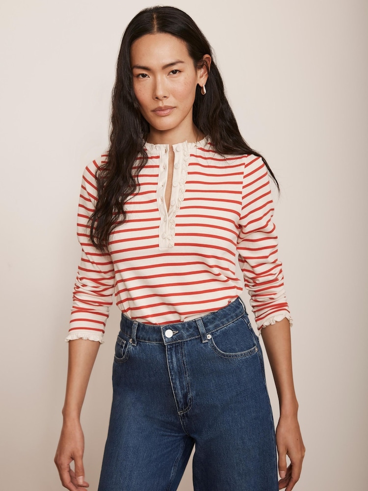 Mint Velvet Red 100% Cotton Striped Henley Top - Image 2 of 8