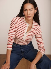 Mint Velvet Red 100% Cotton Striped Henley Top - Image 3 of 8