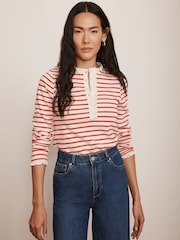 Mint Velvet Red 100% Cotton Striped Henley Top - Image 4 of 8