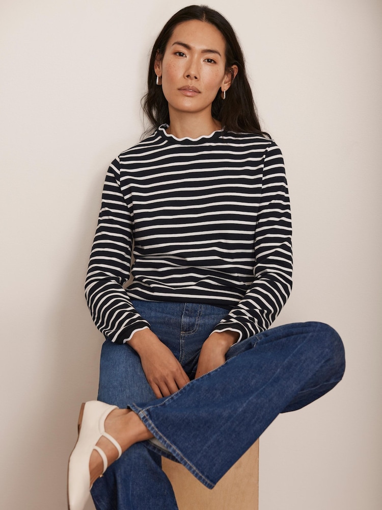Mint Velvet Blue 100% Cotton Striped Ruffle Trim Top - Image 1 of 8