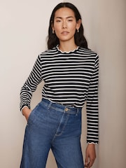 Mint Velvet Blue 100% Cotton Striped Ruffle Trim Top - Image 2 of 8