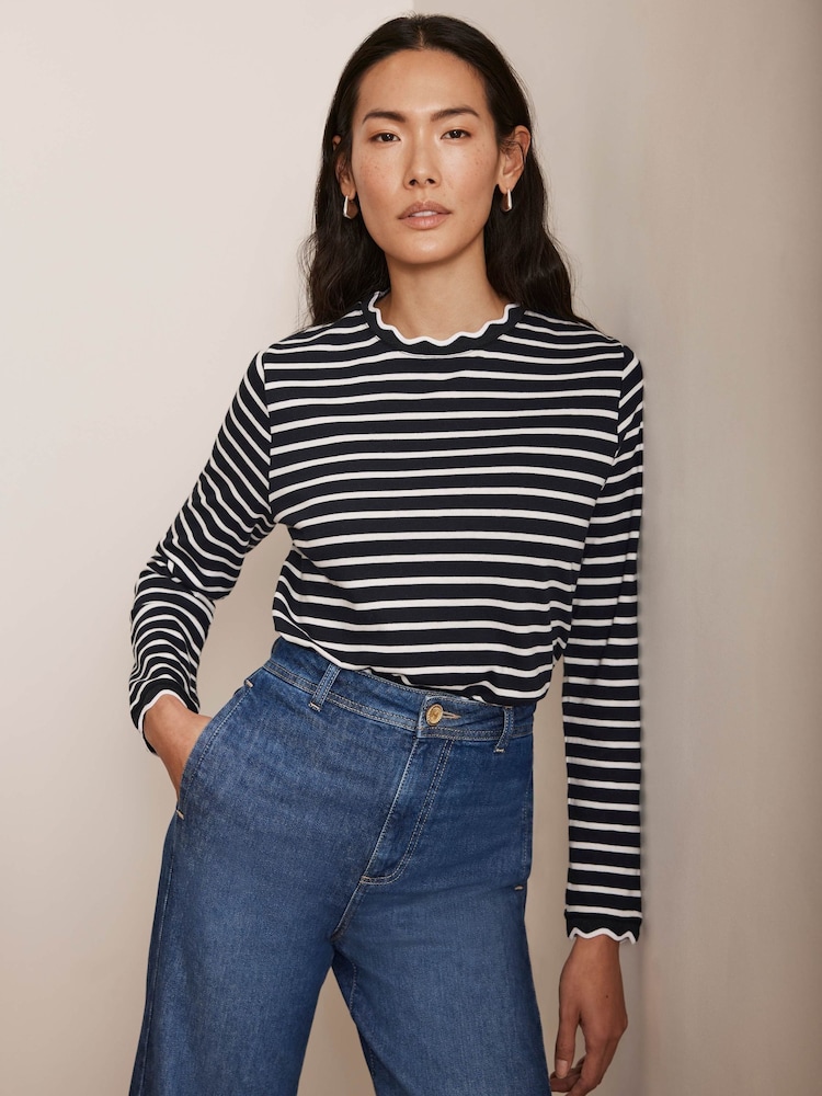 Mint Velvet Blue 100% Cotton Striped Ruffle Trim Top - Image 2 of 8